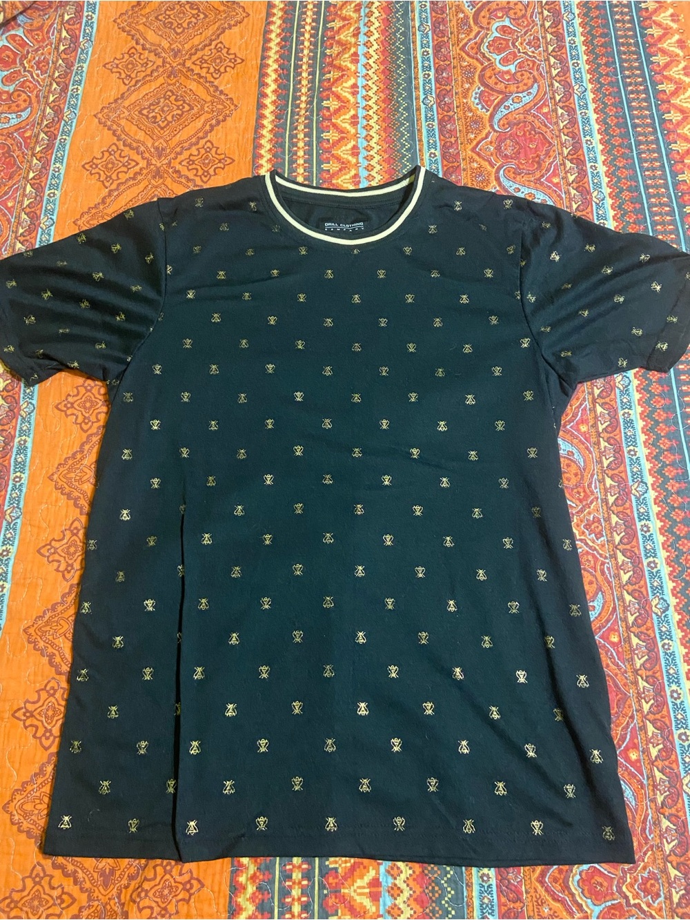 Men's Black Crewneck T-Shirt with Gold Motif